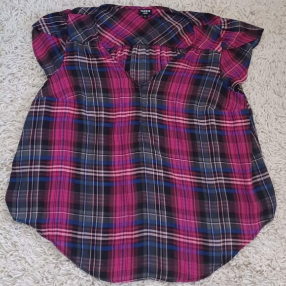 Torrid Harper Women’s 1X Pink Blue Plaid V-Neck Blouse Short Sleeve High Low Hem - Picture 1 of 6